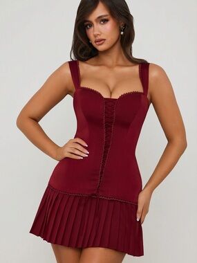 embellished corset mini dress in fire red Lovella Draped layered mesh fabric Embellished Sweetheart Corset Mini Dress
